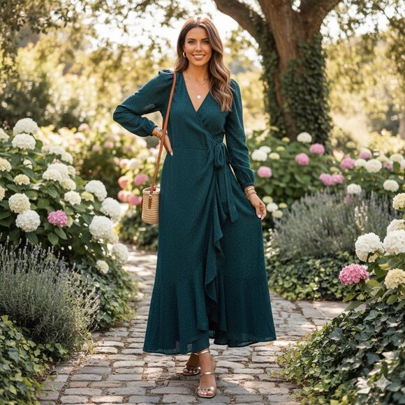 ASTR the label Zenaida Long Sleeve Wrap Dress Maxi in Green Size Small NWT - Picture 1 of 9